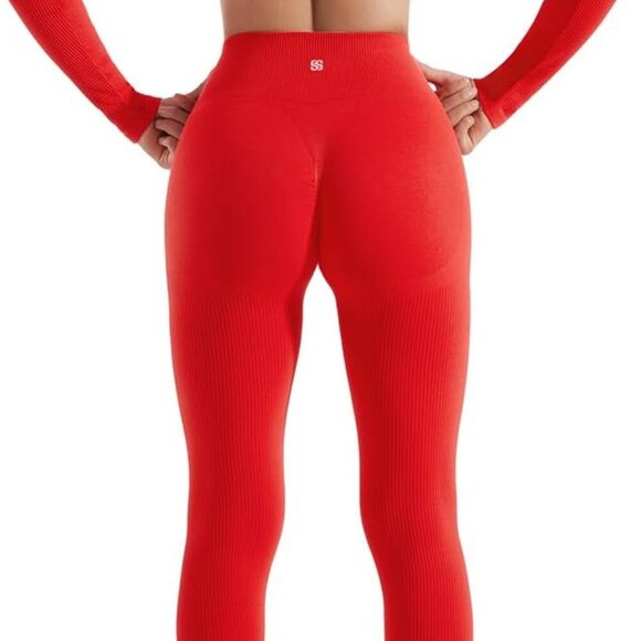 Open Back Long Sleeve Scrunch Butt Booty Leggings Seamless Ribbed Workout Sets 2 - Picture 4 of 6